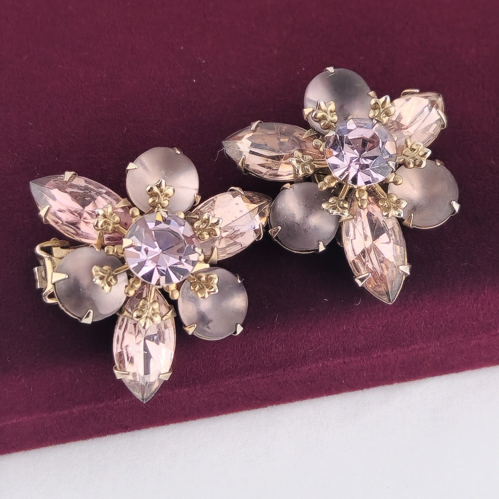 Vintage Purple Frosted Rhinestone Clip On Earrings Navette Flower Cluster